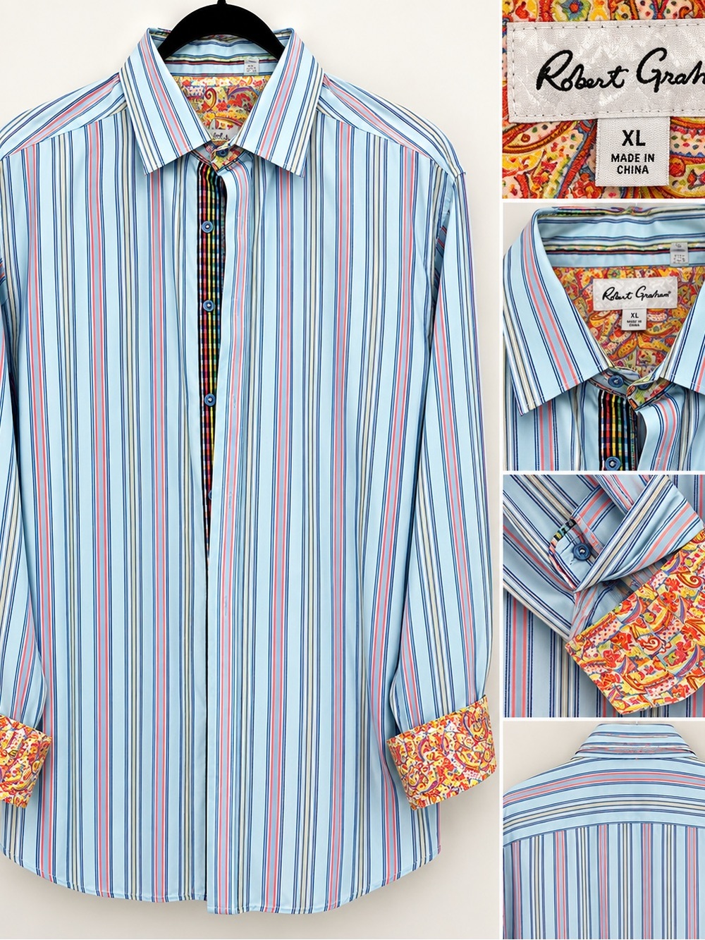 Robert Graham Light Blue Multi-Stripe Button-Down Shirt with Paisley Trim